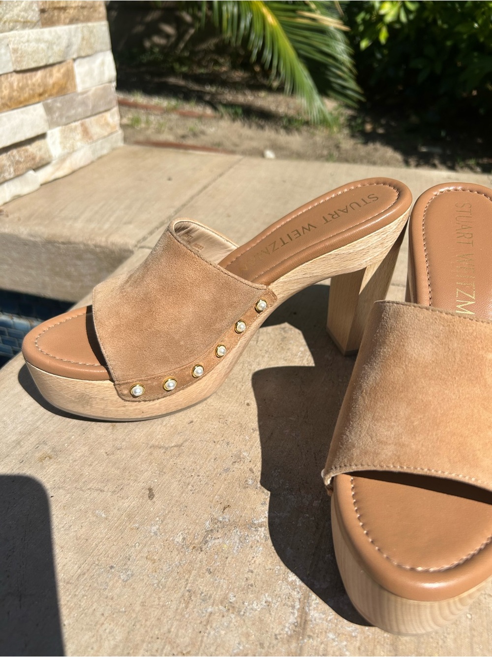 Stuart Weitzman Tan Suede Pearl-Trim Platform Mules - Picture 3 of 8